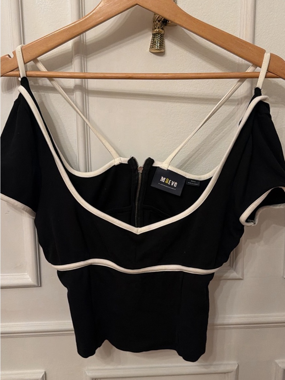 Maeve Black Top with White Piping Detail